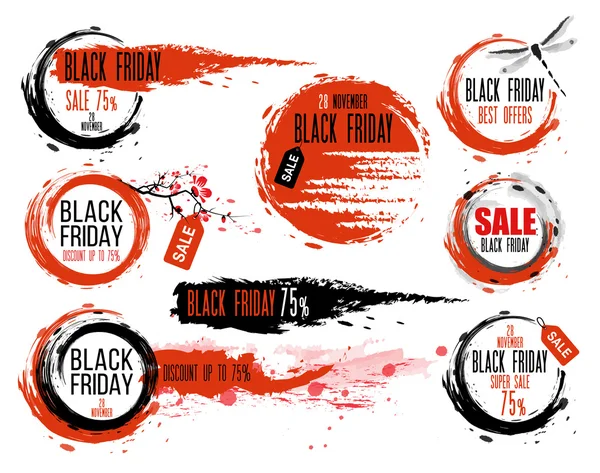 Venda de Black Friday Emblemas de tinta desenhados à mão. Estilo tradicional japonês. Tag da venda. Oferta especial —  Vetores de Stock