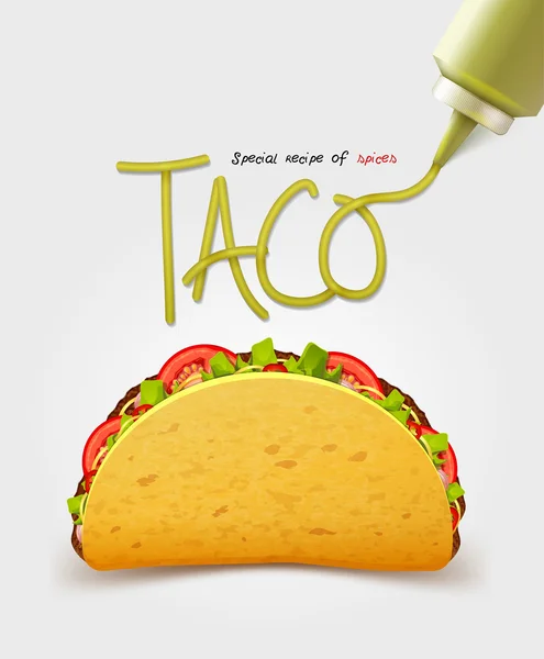 Μεξικάνικο taco φορέα με βάση το κρέας. Ρεαλιστική επιγραφή σάλτσα. Απομονωμένη — Διανυσματικό Αρχείο