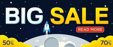 Big sale banner with moon and rocket. For Website. Sale and discounts banner. Vector illustration