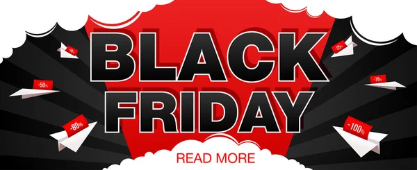 Black Friday banner venda com avião de papel. Banner web Black Friday. Ilustração vetorial —  Vetores de Stock