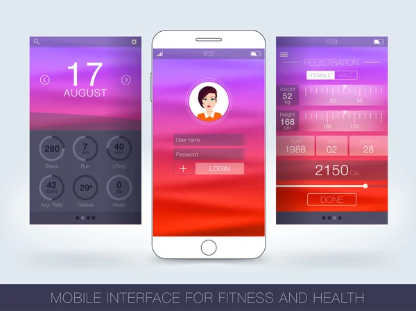 Interface móvel para fitness e contabilidade de saúde. Conceito de aplicativo de fitness na tela sensível ao toque . —  Vetores de Stock
