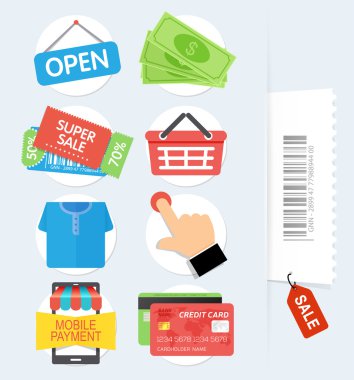 Düz alışveriş simgeler kümesi. Alışveriş Online simgeleri. Vektör çizim.