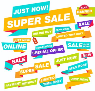 Süper Satılık düz afiş. Satış ve indirimler. Yeni online teklif. Web sitesi başlık kümesi. 