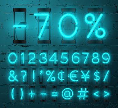 Neon Light Alphabet Vector Font. Numbers and punctuation marks. Neon tube letters on Brick wall background clipart