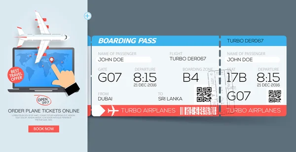 航空公司的登机证票。在线预订机票。Web 模板 — 图库矢量图片