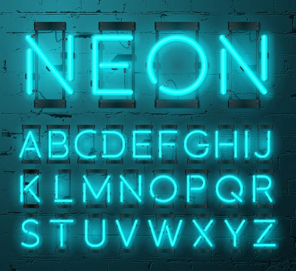 Neonlicht-Alphabet-Vektorschrift. Buchstaben schreiben. Leuchtstoffröhre Buchstaben auf Backsteinwand Hintergrund — Stockvektor