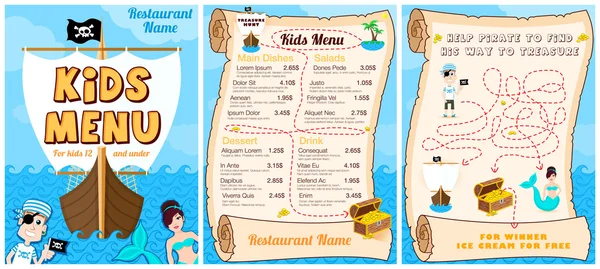 Lindo menú colorido de comida para niños con piratas, juego, sirena. Plantilla vectorial — Archivo Imágenes Vectoriales