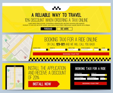Üç iş taksi servisi için Web reklam sarı. Rezervasyon taksi online kavramı.