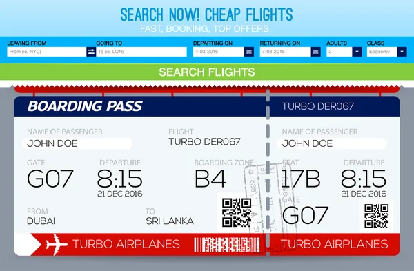 预订机票航班模板。搜索航班。模板门票 — 图库矢量图片
