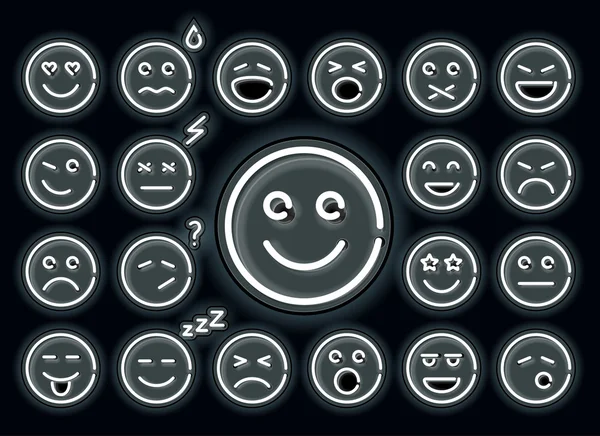 Emosi Neon siap. Set emoticon, emoji bersinar terisolasi pada latar belakang hitam . - Stok Vektor