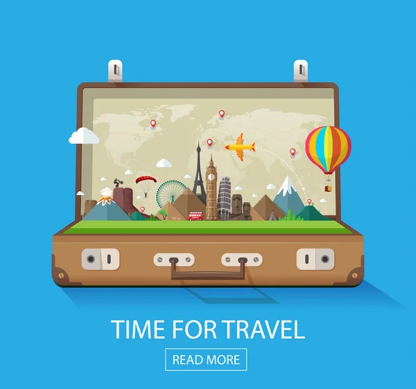 Open koffer met bezienswaardigheden op een blauwe achtergrond. Moderne platte ontwerp. Reizen en toerisme. — Stockvector