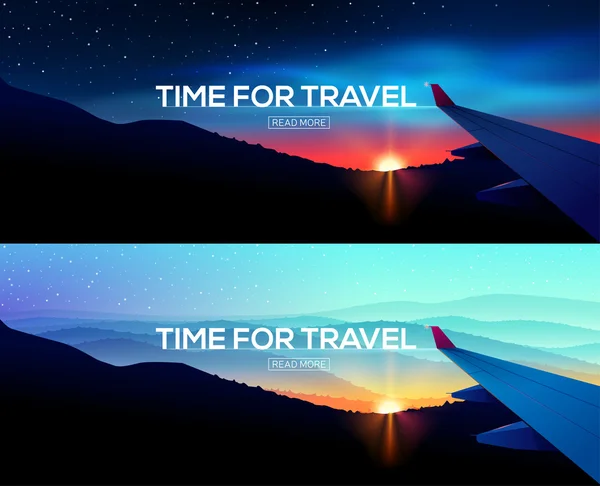 Web Banner com vista para asa de avião. Viagem de negócios. Hora de viajar. Modelo Web . —  Vetores de Stock