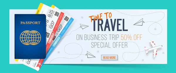 Special offer on business Travel. Business trip banner. Passport with tickets. Air travel concept. Business travel illustration. 50% off. — Stock Vector