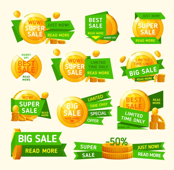 Super Koop banner. Sale en kortingen. Set Super verkoop met gouden munt. Vectorillustratie — Stockvector