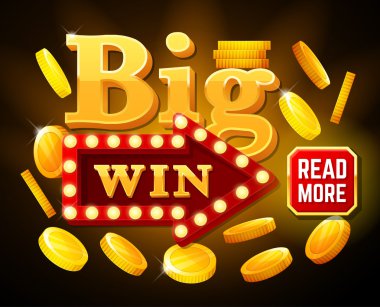 Büyük zafer poster düşen altın sikke ile. Ok ve düğme ile büyük kazanmak banner. iskambil, slot ve rulet. Retro işaret lamp büyük kazanmak ile