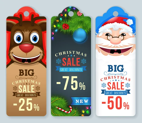 Christmas Sale Tags. Christmas labels with Santa and reindeer. — Stock Vector