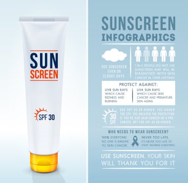 Güneş koruma infographics. Güneş koruyucu krem. Güneş güvenlik ipuçları. Güneş kremi ürün. Vektör çizim