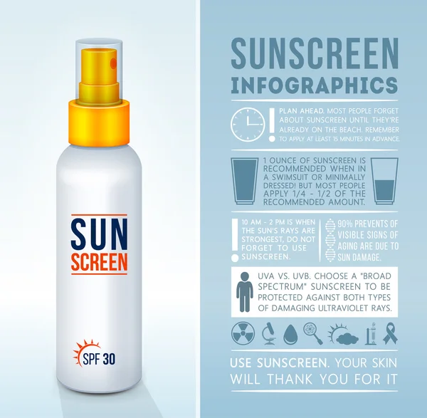 Sun protection infographics. Solskyddsmedel spray. Sön säkerhetstips. Sunblock produkt. Vektor illustration — Stock vektor