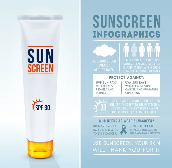 Sun protection infographics. Solkräm. Sön säkerhetstips. Sunblock produkt. Vektor illustration — Stock vektor