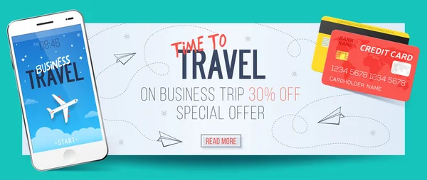 Special offer on business Travel. Business trip banner. Smartphone and credit cards. Air travel concept. Business travel illustration. 30% off. — Stock Vector