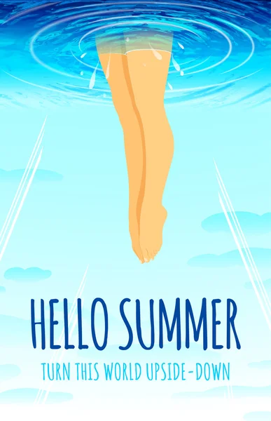 Zomer partij poster. Hallo zomer. Meisje springen in het water. Poster en flyer ontwerpsjabloon. Zet deze wereld ondersteboven. — Stockvector