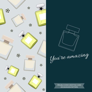 Çift taraflı yapışkan şık kadınlar için modern tebrik kartı. Seamless modeli. Kadın koku. Eau de toilette. Erkek parfümü. Vektör çizim