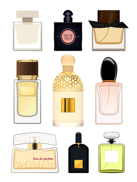 Definir frasco de perfume no fundo branco. Frasco de perfume para mulheres. Fragrância feminina. Eau de toilette. Ilustração vetorial — Vetor de Stock