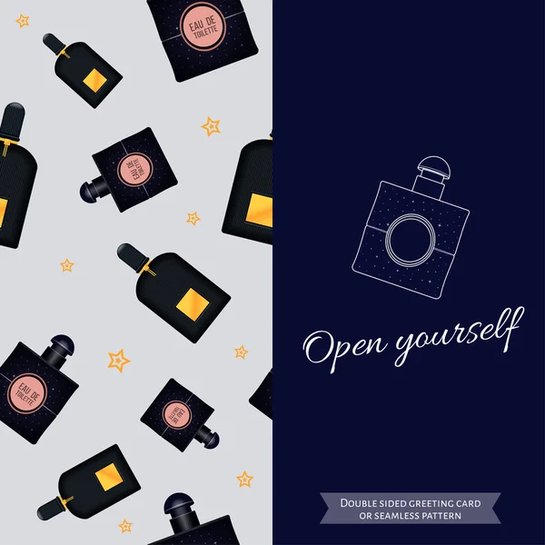 Tarjeta de felicitación moderna de doble cara para mujeres de moda. Patrón sin costuras. Fragancia femenina. Eau de toilette. Perfume para mujer. Ilustración vectorial — Vector de stock