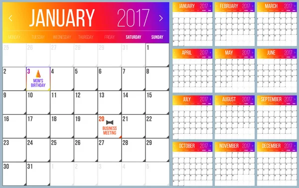 Planner kalendarz na rok 2017. Modny design gradientu. Zestaw 12 miesięcy. Szablon projekt wektor. — Wektor stockowy