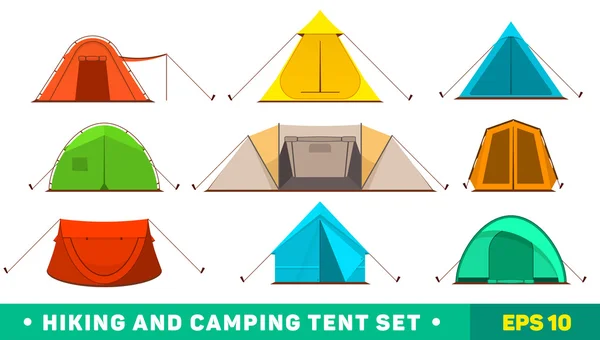 キャンプ テント アイコンのコレクション。ハイキングやキャンプ テント セット. — ストックベクタ