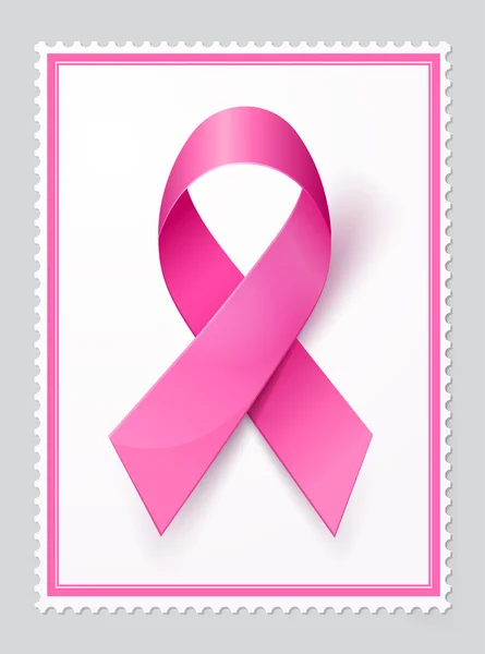 Rakovina prsu povědomí symbol na poštovní známce. Růžová stužka izolované na bílém. Vektorové ilustrace, — Stockový vektor