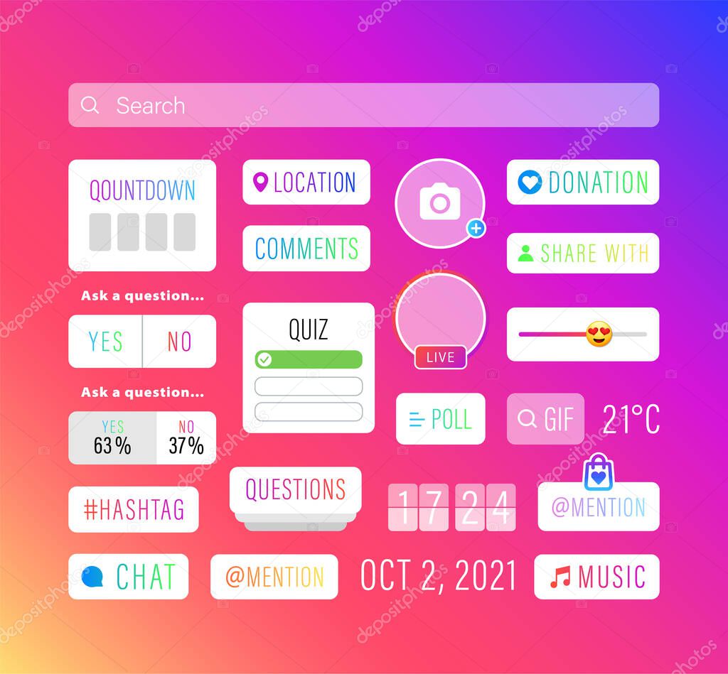 Social media ui set for Internet communication. Big kit Vector interface icons: option, question, comments, donation, poll and etc. Sticker template. Web button YES or NO layout.