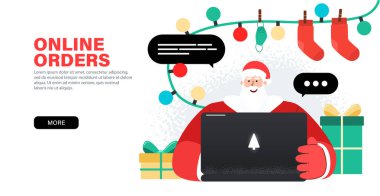 Mutlu Noel Baba dizüstü bilgisayarla çalışıyor, siparişleri alıyor, online olarak tebrik ediyor, e-postaları kontrol ediyor ya da dizüstü bilgisayarla çocukların isteklerine cevap veriyor. Noel Baba 'nın hediye, salata ve hediyeleriyle dolu bir iniş sayfası..