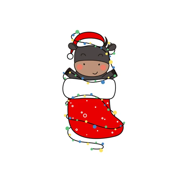 Joyeux Petit Taureau Noir Dans Chapeau Père Noël Assis Dans — Image vectorielle