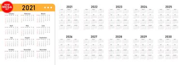 Mega takvim 2021, 2022, 2023, 2024, 2025, 2026, 2027, 2028, 2029, 2030 yıllarında. Hafta pazar günü başlıyor. Takvim düzeni. Kırtasiye kalıbı. En az tasarım için haftalarca yıllık düzenleyici.
