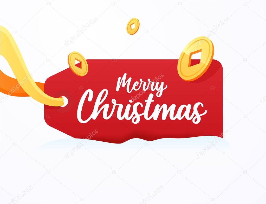 Christmas Red label for prices, holiday greetings, discounts and sale. Lying red tag in the snow with gold coins and orange ribbon in flat style isolated on white background.