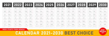 Mega takvim 2021, 2022, 2023, 2024, 2025, 2026, 2027, 2028, 2029, 2030 yıllarında. Hafta pazartesiden itibaren başlıyor. Takvim düzeni. Kırtasiye kalıbı. En az tasarım için haftalarca yıllık düzenleyici.