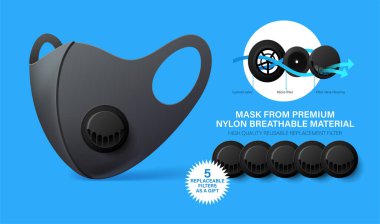 Solunum filtresi vanalı yeniden kullanılabilir antiviral maske. Güvenli solunum maskesi ve yeni filtre. N95 güvenlik maskesi veya PM2.5 solunum cihazı, toz koruması, grip, koronavirüs, kirlilik, virüsler 