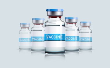 Gri arka planda izole edilmiş kas içi enjeksiyonlar için gerçekçi aşı şişeleri. Aşılama ve aşılama konsepti, ilaç endüstrisi geçmişi, Coronavirus tedavi imalatı.