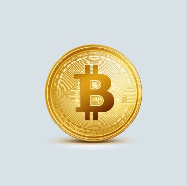 Gerçekçi sanal altın bitcoin para. Gri arkaplanda kripto altın sikke bitcoin sembolü izole.