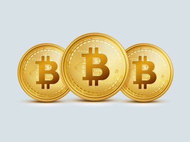 Üç gerçekçi sanal altın bitcoin. Gri arkaplanda kripto altın sikke bitcoin sembolü izole.