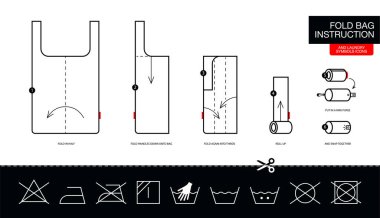 Aşama aşama eko poşet, katlanabilir tekrar kullanılabilir alışveriş torbaları nasıl katlanır? Yeniden kullanılabilir eko paketlerin bakım etiketlerinde nasıl kullanılacağı talimatlarıyla kavramsal.