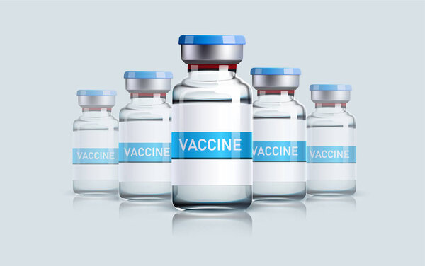 Realistic vaccine vial bottles for intramuscular injections isolated on a gray background. Vaccination and immunization concept, pharmaceutical industry background, Coronavirus cure manufacture.