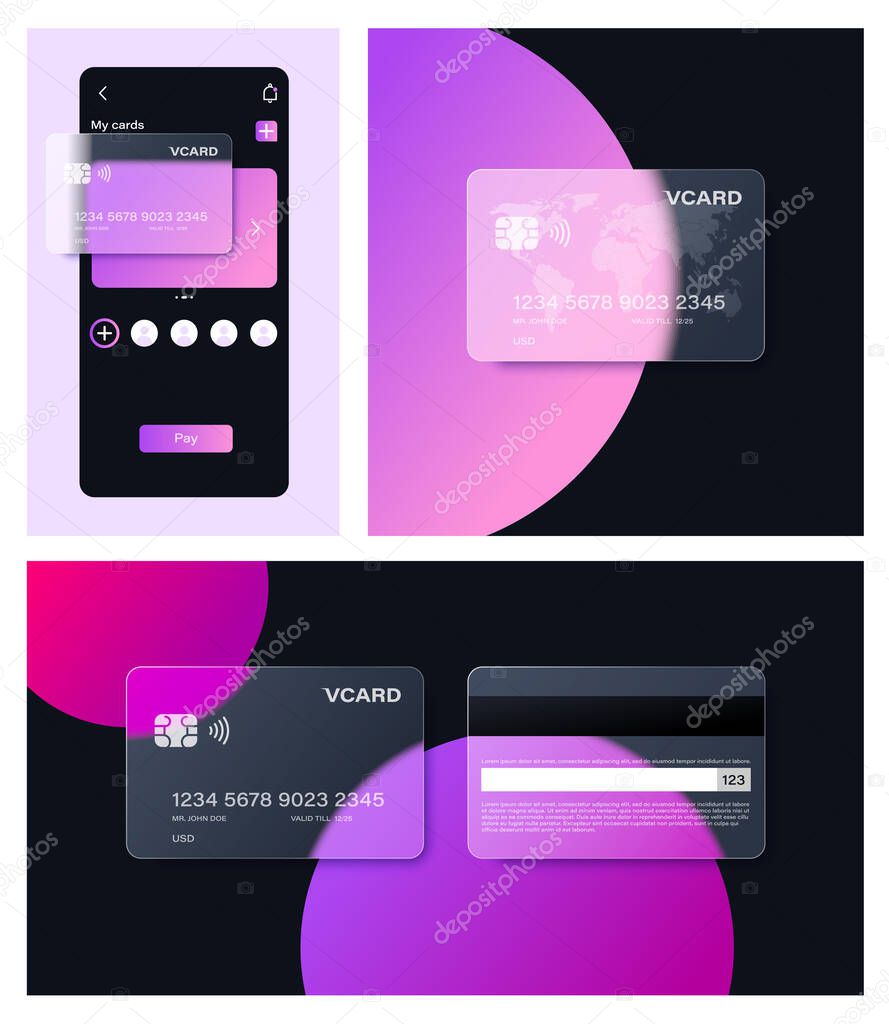 Glassmorphism bank card in popular Frosted Glass style. For banners, websites, apps and other modern ui design projects. Created from blend and easy to change color.