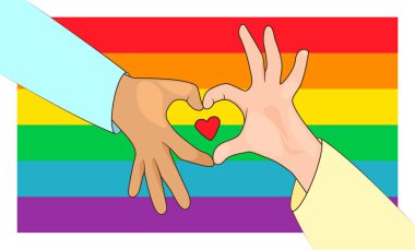 LGBT gururu kavramı. Aşk işareti kalbi ellerden şekillendirir. LGBTQ çalışanları LGBT gökkuşağı arkaplanında Elle Kalp Yapıyor