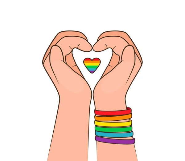 手でハートを作る Lgbtの虹の旗の背景と手にカラフルなLgbtqリストバンドを持つ小さな心 Lgbtプライドの概念 — ストックベクタ