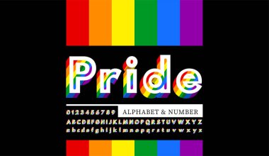 Modern alfabe harfleri ve sayıları Gökkuşağı renkleriyle. Gökkuşağı bayrak renkleri LGBT yazı tipi.