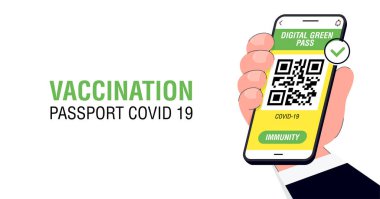 Covid-19 bağışıklık pasaport uygulaması. Serbest dolaşım ve seyahat için uluslararası dijital aşı sertifikası. Qr kod test sonuçlu akıllı telefon