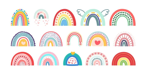 New Boho gökkuşakları beyaz arka planda izole edildi. Tatlı, narin pastel renklerde. Posterler, baskılar, kartlar, kumaş, tekstil, çocuk kitapları ve bebek kıyafetleri için el çizimi tarzı.