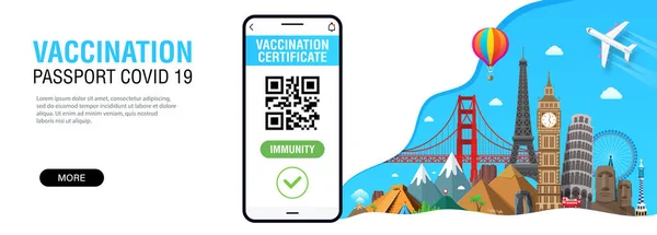 带有受欢迎的世界地标和国际数字疫苗证书的横幅 供自由行动和旅行之用 智能手机与Qr代码测试结果 Covid 19豁免护照应用程序 — 图库矢量图片